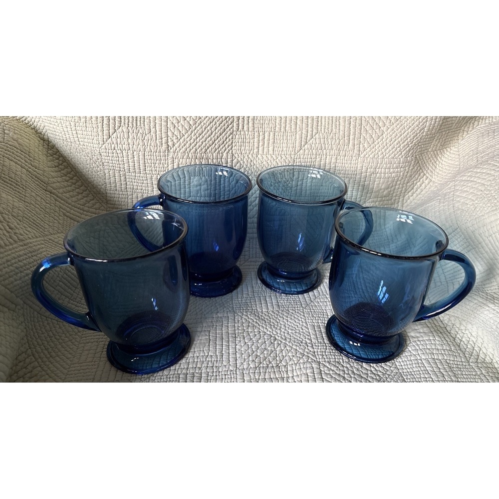 Vintage Anchor Hocking Cobalt Blue Glass Footed Pedestal Mugs Set of 4 MCM Large